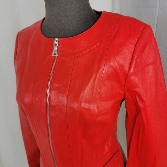 Tess Exotic Leather Jacket Size Small Red 100% Sheepskin Zip Solid UNIQUE RARE - Picture 2 of 16